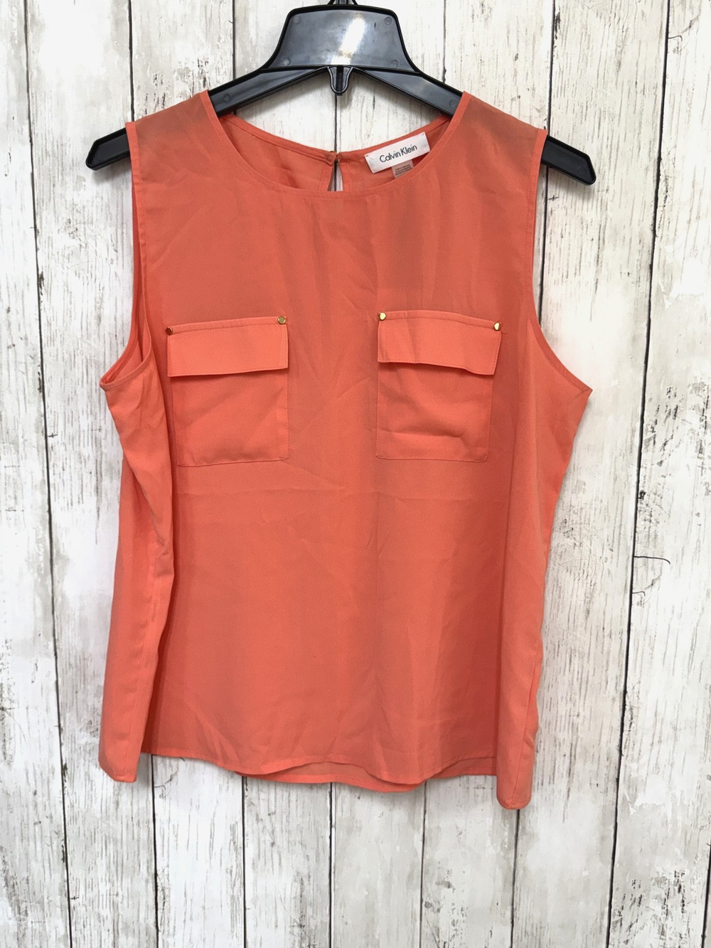 New Calvin Klein Womens Sleeveless Blouse Large Coral Keyhole Back Pockets NWT
